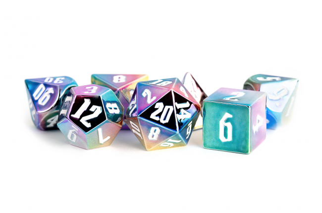 16mm Polyhedral Dice Set: Rainbow Aegis with White Numbers