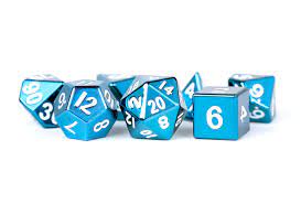 Blue with white text Metal Polyhedral 7-Die Set