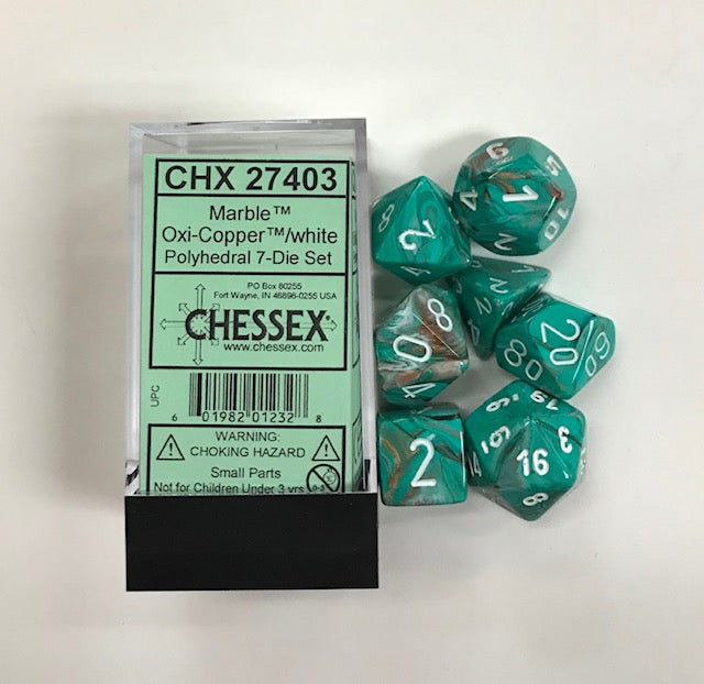 Chessex 7-Die Polyhedral Set - Marble (Oxi-copper/White)